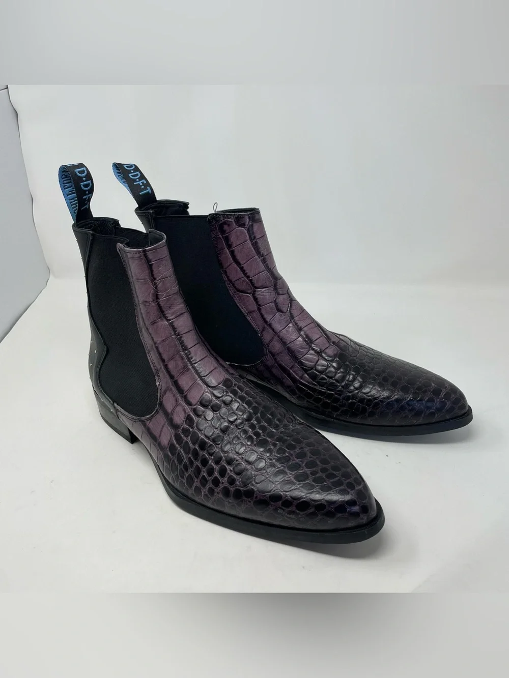 John Fluevog Men's Purple Croc-Embossed Chelsea Chukka Boots